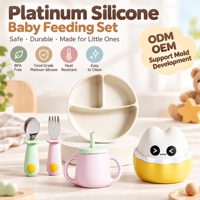 Ensemble d'alimentation pour bébé en silicone 4 pièces, assiette pour bébé à 3 compartiments, ensemble de fourchette et de cuillère en acier inoxydable, tasse, bavoir pour tout-petits