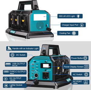 Inversor de Corriente Integrado de 1200W, <span class=keywords><strong>Cargador</strong></span> Rápido de 6A, 6 Puertos para Batería de 18V, Portátil, Onda Sinusoidal Pura, 230V AC/USB-A/USB-C, Luz LED - Product Image 6