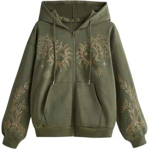Sudadera con capucha y cremallera para mujer, diseño personalizado, hombros caídos, manga larga, estampado solar, transpirable, de algodón, tipo chaqueta de punto - Product Image 3