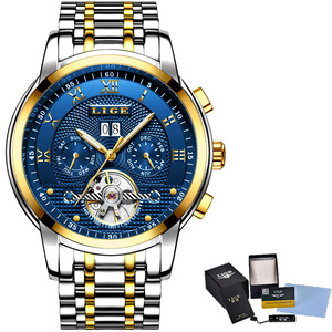 Reloj mecánico de lujo Lige Tourbillon para hombre, automático, con correa de acero inoxidable, esfera azul, 42mm, 30bar, resistente al agua, cierre plegable - Product Image 1