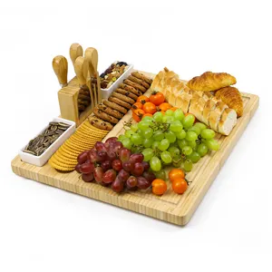 GL Bamboo Cheese Board Set Charcuterie Platter Serving Tray With 4 Stainless Steel Knife And 2 Bowls