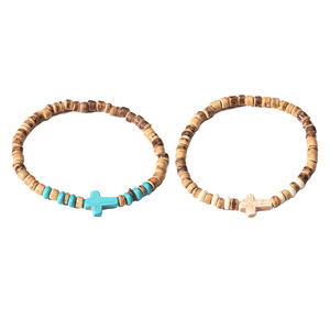 Men's Wooden <b>Bead</b> Turquoise Cross <b>Bracelet</b> Blue And White Geometric Design Gift Jewelry - Product Image 4