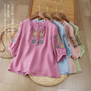 Embroidered Mid Sleeve Cotton Linen Top Women's Loose Round Neck Pullover Floral Print Everyday Wear Pink - Product Image 4