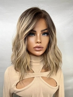 Wig rambut manusia Eropa asli dengan highlight warna pirang, model bob pendek bergelombang, ukuran 8-14 inci, wig lace front untuk wanita.