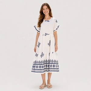 Abito lungo da <span class=keywords><strong>donna</strong></span> boho ricamato con maniche corte a sbuffo, scollo a V, orlo a balze a strati, in cotone e <span class=keywords><strong>lino</strong></span>, casual estivo da spiaggia, ODM - Product Image 4