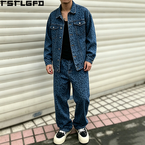 Cut And <b>Sew</b> Leopard Print Denim <b>Set</b> Heavyweight Vintage Wash Baggy Streetwear Two Piece Jacket Pants Wholesale Bulk - Product Image 6