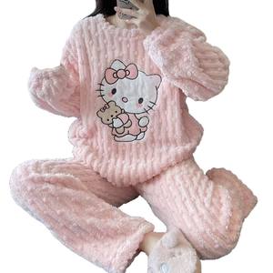 Abbigliamento da notte <span class=keywords><strong>autunno</strong></span> inverno <span class=keywords><strong>donna</strong></span> <span class=keywords><strong>pigiama</strong></span> in flanella corallo KT gatto dolce cartone animato graziosi vestiti per la casa elastico in vita anteriore ispessito - Product Image 5