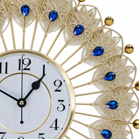 Jam Dinding Besi Seni Art Deco Eropa Motif Ekor Merak Ornamen Berlian Biru Jarum Besar Dekorasi Ruang Tamu Baterai