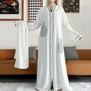 2024 Muslim Cardigan Stone Abaya Designs Wholesale Dubai Kaftan Rhinestone White Open Abaya And Hijab Set