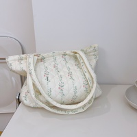 Tas Tote Bunga Berbahan Katun Empuk Jahitan Quilted Logo Kustom Grosir Tas Selempang Wanita Sehari-hari Motif Bunga dengan Ritsleting