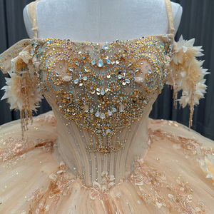 Abito da Quinceañera Classico in Raso Dorato con Motivi Floreali 3D, Taglie Forti, Lunghezza a Terra, Stile Principessa, Strascico, Vita Naturale, Applicazioni in Pizzo - Product Image 5