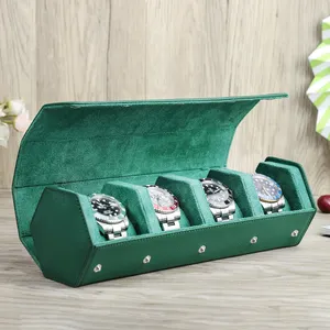 Luxury Gift Handmade Watches Case Hexagon Shape Crazy Horse Leather Watch Holder Custom Green Packaging Watch Box For 4