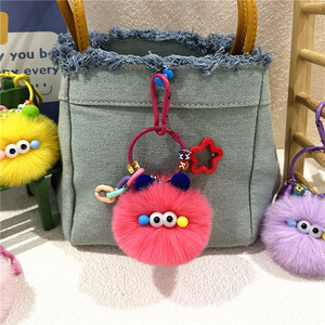 Cute Big Eyes Coal Ball Elf Keychain Cartoon Anime <strong>Funny</strong> Ugly Small Pom Poms Key Chain Elf Plush Doll Phone Charm Fluffy Pendant - Product Image 1