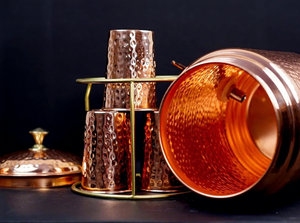 Premium Copper Hammered <b>Water</b> Dispenser 6.5 Liter <b>Water</b> Storage Tank with Tap Four Copper Drinking <b>Glasses</b> and Stand - Product Image 5