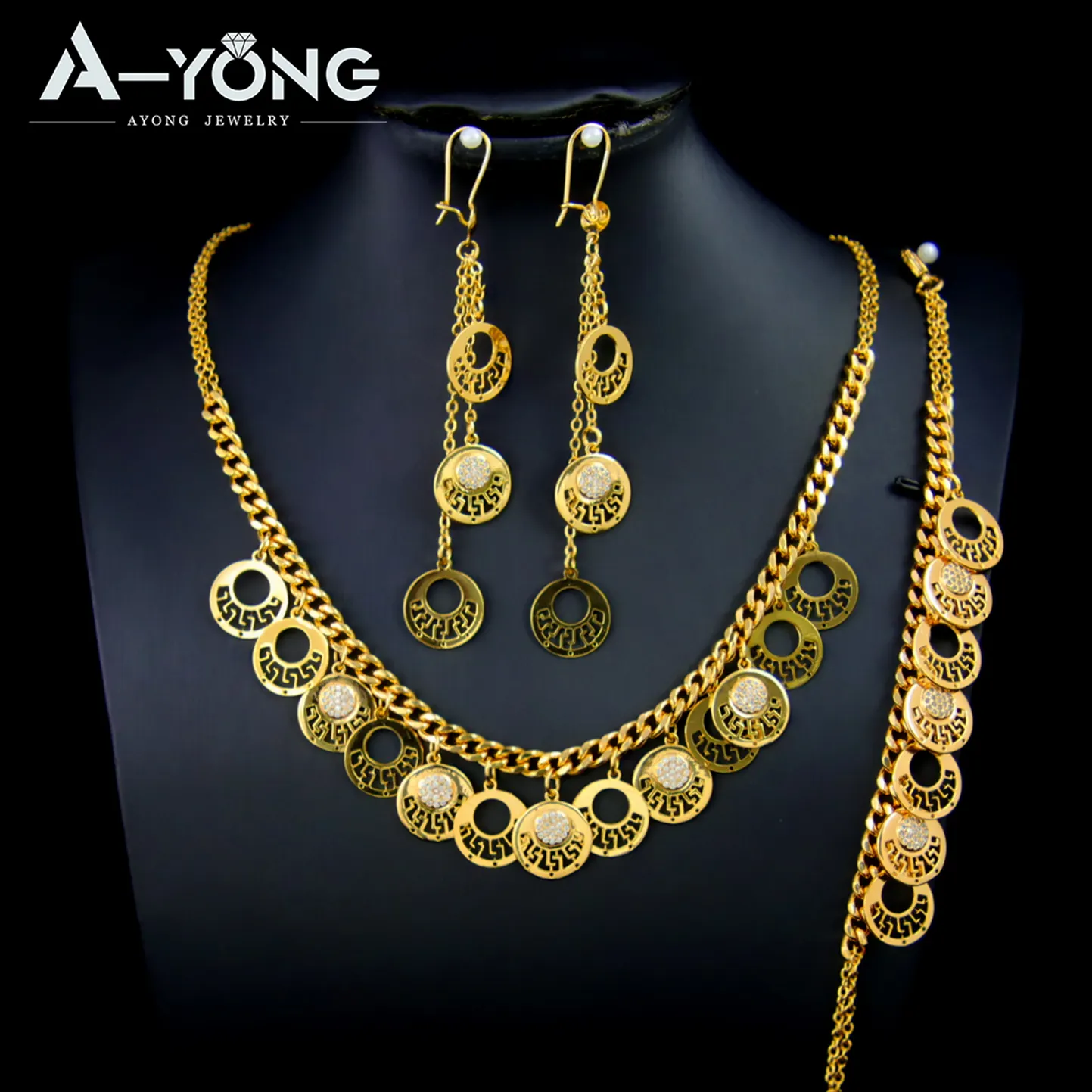 Set di gioielli Ayong di alta qualità con monete rotonde e Design impermeabile 3 pezzi Set di gioielli in zircone placcato oro 18k all'ingrosso personalizzato