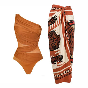 Women 1 Piece High Cut One Shoulder <b>Mesh</b> Cutout Ruched Print Wrap Beach <b>Skirt</b> Quick Dry Swimwear Wholesale - Product Image 3