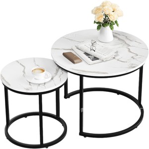 Wooden Nesting Coffee <b>Table</b> 2 Piece Set Round Black And <b>White</b> Natural Wood Color For Living Room Bedroom Balcony <b>Small</b> Apartment - Product Image 5