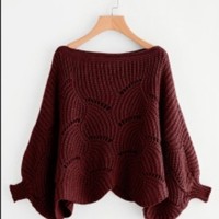 Pull pour femme à manches lanternes, pull ample ajouré pour femme, chemise chauve-souris, automne et hiver