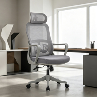 Chaise de bureau ergonomique moderne pivotante à dossier haut en tissu, appui-tête réglable, accoudoirs fixes, base chromée pour atelier, hôpital