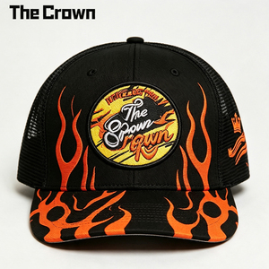Casquette Trucker Personnalisée de Haute Qualité avec Imprimé Flamme, Patch Tissé, Broderie, Visière Plate, Snapback, Dos en Maille, Noir Orange - Product Image 2