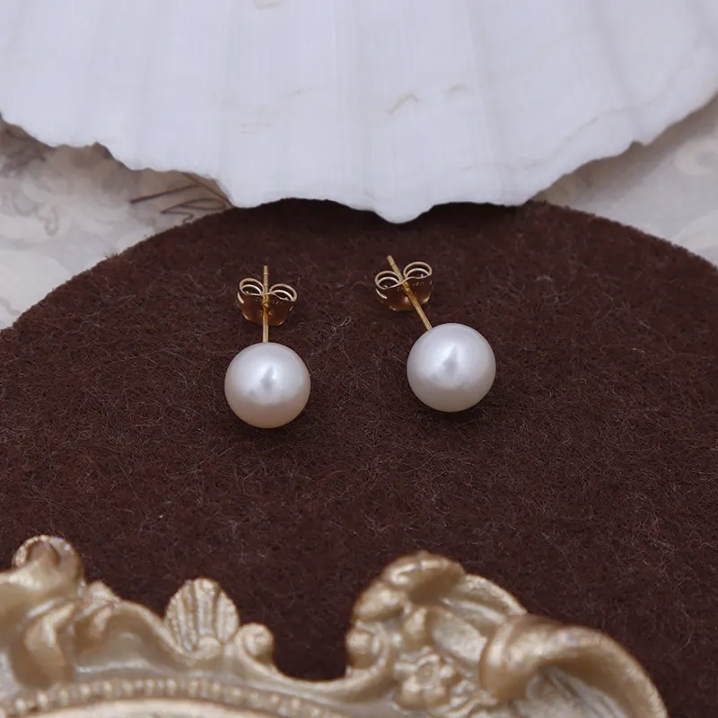 Strong Light Classic Natural Freshwater Pearl Earrings Round AAA 8mm US 14K Gold Plated Jewelry