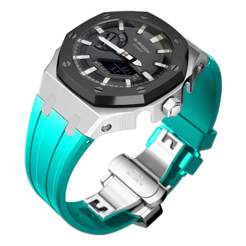 Eraysun G Shock Ga2100 Strap Metalen Case Siliconen Rubber Horlogeband Set Luxe Aangepast Voor Casio Blue Modificatie Kit