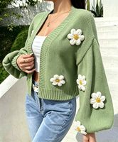 Kardigan Rajut Bunga 3D Buatan Tangan Wanita, Kerah V Lengan Panjang, Model Crop Terbuka di Depan, Jaket Sweater