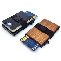 Dompet kartu pria, dompet kartu Pop up penghalang RFID aluminium & kayu minimalis Ultra ramping Logo ukiran kustom dengan pelat dapat diperluas