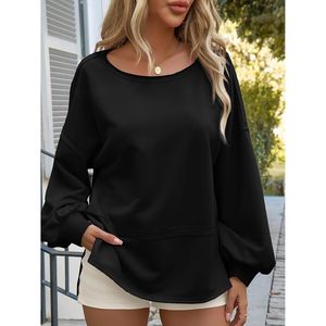 Fisoew Sudadera extragrande para mujer, jersey largo con mangas abullonadas, top negro con cuello redondo y bolsillos, ropa de otoño - Product Image 3