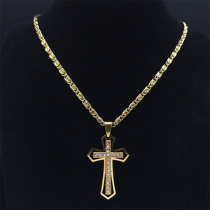 Collana con Ciondolo a Croce Crocifisso Cristiano in Acciaio Inossidabile con Zirconi, Gioiello di Moda Religiosa per <span class=keywords><strong>Uomo</strong></span>, Idea Regalo - Product Image 1