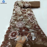 Dentelle africaine Sinya 3D appliquée, 5 yards, vente chaude, avec sequins, cristaux et diamants brodés, tissu de dentelle perlée de luxe pour robe de soirée