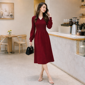 Vestido Largo de Punto Grueso y Sólido, Estilo A-Line, Manga Larga, Suave, Cálido y Versátil, para Damas, Otoño Invierno, Uso Diario - Product Image 2
