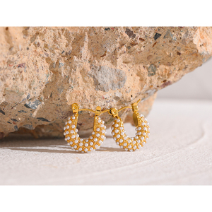 Boucles d'oreilles créoles petites de luxe en acier inoxydable JINYOU 858, style vintage, délicates, avec texture de perles artificielles, couleur or, <span class=keywords><strong>bijoux</strong></span> imperméables - Product Image 6