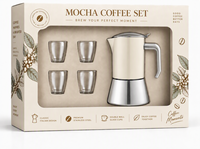 Ensemble de 5 cafetières Moka italiennes pour cuisinière, en acier inoxydable 304, avec tasses à café en verre