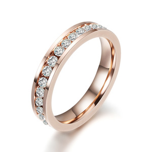 Diamond Set <b>Couple</b> <b>Rings</b> 4MM Round Brilliant Cut Stainless Steel Wedding Bands Unisex Rose Gold Gunmetal Steel - Product Image 5