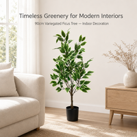 Ficus artificiel réaliste de 90 cm, figuier pleureur variegé avec pot noir pour la décoration de salon, chambre ou étagère