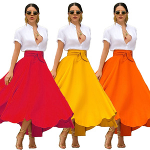 New High Waist Pockets Women's Skirt Summer Spring Elegant <strong>Bow</strong> Pleated Dress Ladies Casual <strong>Large</strong> Hem Skirts - Product Image 5
