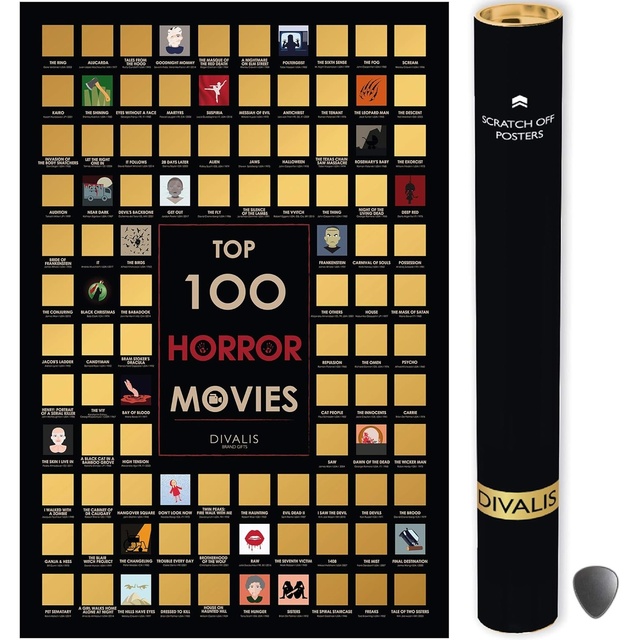 Top 100 Horror Movies Scratch Off Poster With Colorful Icons and Scratch Tools for Movie Challenge Gift Custom Various Theme