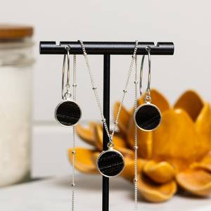 Black Obsidian Jewelry Set Sterling Silver Circle Pendant Necklace Matching Dangle <b>Earrings</b> Gift For Women - Product Image 3