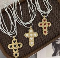 Nouveau Collier Pendentif Croix de Haute Qualité, Collier Perles, Collier Pendentif Cœur Croix Martelé Vintage, Bijoux de Fête