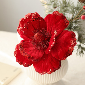 Ornamen Bunga Natal Buatan Berpayet Grosir, Hiasan Bunga Poinsettia Berpinggir Glitter, Warna Merah Hijau Krem, Dekorasi Karangan Bunga dan Garland - Product Image 4