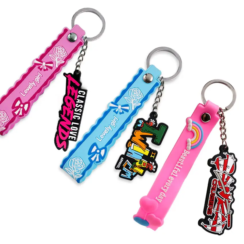 Großhandel Werbung niedlichen Kunststoff Schlüssel anhänger benutzer definierte Logo Silikon Armband PVC Schlüssel bund Armbänder für Schlüssel anhänger