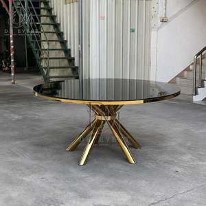 Table de banquet de mariage ronde personnalisée en acier inoxydable doré avec base en ruban croisé et plateau en verre trempé miroir - Product Image 2