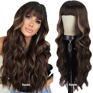 Perruque pour femmes, <span class=keywords><strong>cheveux</strong></span> longs bouclés dégradés avec frange droite, douce et <span class=keywords><strong>lisse</strong></span>, brésiliens et vietnamiens en stock, vente en gros - Product Image 1
