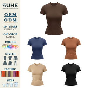 เสื้อยืดคอกลมไร้ตะเข็บสำหรับผู้หญิง SUHE ทรงเข้ารูป ยืดหยุ่นได้ กระชับรูปร่าง เนื้อผ้านุ่มเบา สวมใส่สบายทุกวัน - Product Image 1