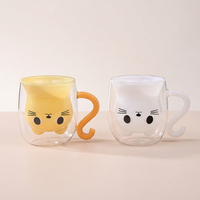 Vente en gros de tasses à café en verre à double paroi mignonnes, en forme de chat 3D, résistantes à la chaleur, avec poignée