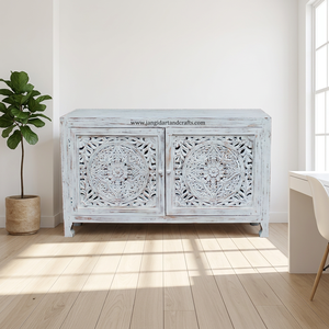 Rustic Ethnic Solid Wood Entryway Shabby Chic White Distress Mango Wooden Carved <b>Sideboard</b> <b>Cabinet</b> Furniture Manufacturer India - Product Image 6