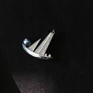 Unisex 8-9mm Natural Seawater Tahiti Black Pearl Chest Flower Mini Neck Needle Sailboat Inspired <b>Fashion</b> <b>Brooch</b> - Product Image 2