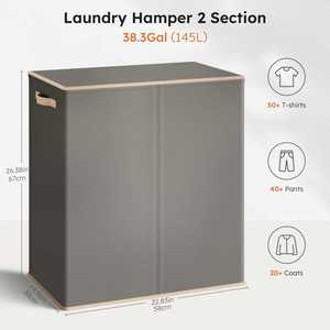 Large <b>Double</b> <b>Laundry</b> <b>Hamper</b> with Lid, Removable Bags & Reinforced Handles, 2 Section Tall <b>Laundry</b> Basket - Product Image 2
