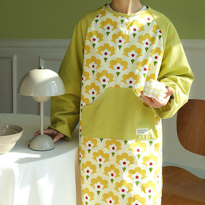 Apron With Sleeves 100% Cotton Flower Printing Long For Cooking And Daily Use - Product Image 3